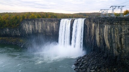 Fototapeta premium Majestic Waterfall Cascading Over Rocky Cliffs in Autumn Landscape