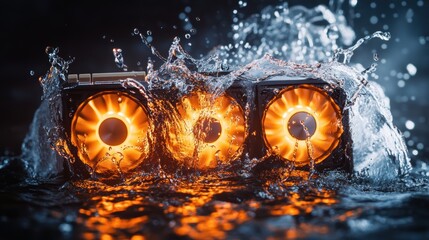 Fototapeta premium Graphics card submerged in water with glowing fans, showcasing cooling technology for gaming, computer hardware innovation, and performance optimization in electronics.