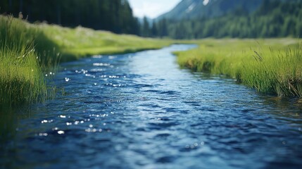 Fototapeta premium Serene River Flowing Through Lush Green Landscape Under Bright Blue Sky in Nature