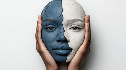 Dualism: A striking portrait of a woman's face, half painted in deep blue, half in off-white,...