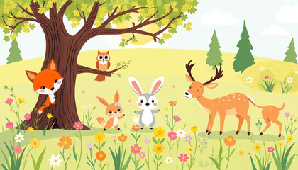 A charming cartoon nature scene with foxes, deer, rabbits, and birds standing in a bright and colorful meadow, surrounded by trees and flowers, creating a cheerful and playful environment.