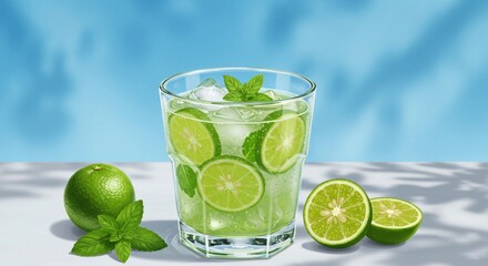 Fototapeta premium Refreshing Lime Mint Cooler: A Vibrant Summer Drink Illustration