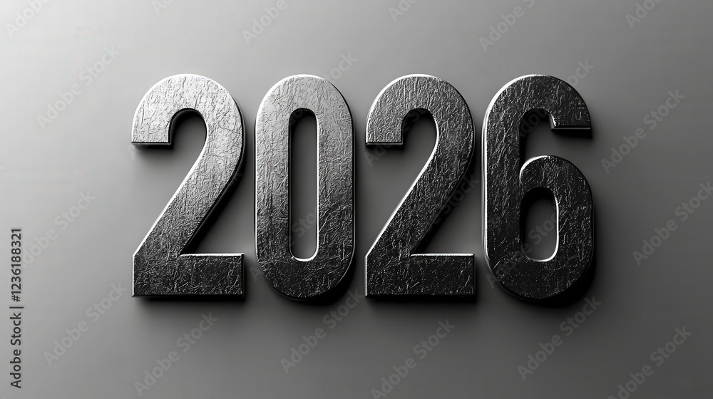 Wall mural metallic bold numbers 2026 on silver surface with texture and reflection for creative designs and mo