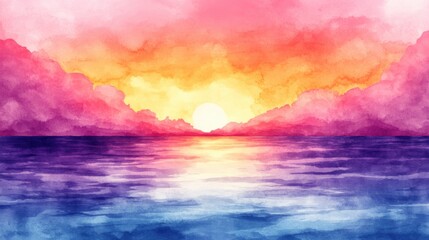 Vibrant Watercolor Sunset Over Calm Ocean with Clouds and Reflections in Pink and Orange Hues