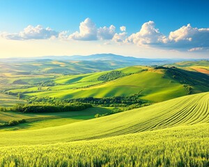 Obraz premium Rolling Green Hills and Vivid Blue Sky on a Sunny Day, Idyllic Landscape for Background Image