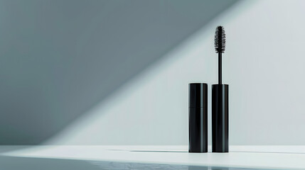 Obraz premium Sleek black mascara tube and wand displayed with dramatic lighting on a clean surface