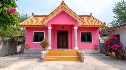 Fototapeta premium Charming Pink House with Orange Roof and Tropical Plants