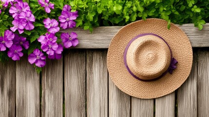 A straw hat rests on a rustic wooden fence adorned with vibrant purple flowers, evoking a sense of summer and tranquility, Ideal for gardening, lifestyle blogs, or outdoor event promotions,