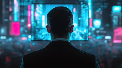 Person in Suit Observing Futuristic Cityscape with Neon Lights