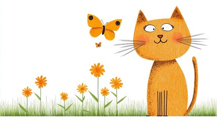 Fototapeta premium Cheerful Orange Cat and Butterfly in Flowery Field