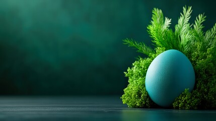 A vibrant turquoise egg rests among lush greenery, set against a softly blurred dark teal background, perfect for themes of nature, Easter, or eco-friendly projects
