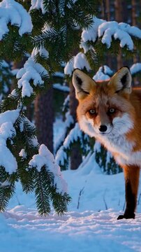 Eye Level of red fox peeks through snowy pine branches. Cool blue shadows and soft whites frame its fiery fur. Diffused winter light casts a calm glow. The mood is curious yet peaceful.