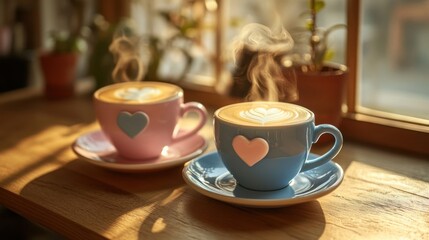 Obraz premium Steaming Coffee Cups with Heart Shapes on a Cozy Cafe Table Surrounded by Plants and Natural Light