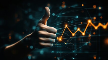 Hand giving a thumbs up symbolizing approval and success, with digital graphs and data visualization representing growth in finance and technology.