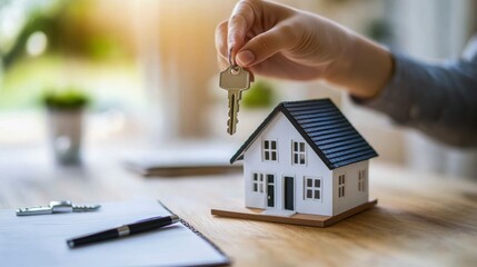 Hand holds house key above miniature model home on desk, symbolizing property ownership, real estate investment, or home buying process for first-time buyers.