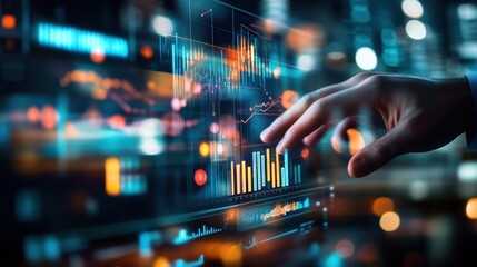 Hand interacting with digital financial graphs on a touchscreen display, analyzing market trends, stock data, and investment opportunities in technology.
