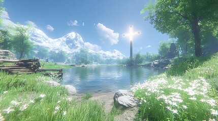 Naklejka premium A small, serene pond reflecting a bright cross in the distance.