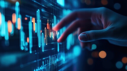 Hand interacting with financial data on digital screen, representing stock market trends, analytics, trading insights, and technology in finance industry.