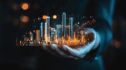 Hand, modern cityscape and financial growth with glowing graphs, representing investment opportunities and market analysis in urban development and technology.