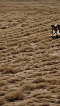 Tracking Shot of cheetah sprints across a golden plain, kicking up dust. Warm sepia tones emphasize speed. Harsh midday light adds intensity. The mood is exhilarating and fierce.
