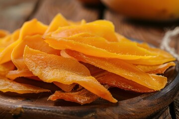 Thinly sliced dried mango pieces create a visually appealing arrangement on a wooden surface