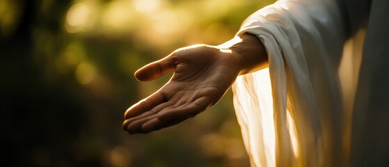 Hand reaching out with soft lighting, symbolizing connection, hope, and faith in a serene natural setting. Spirituality, compassion, and unity theme.