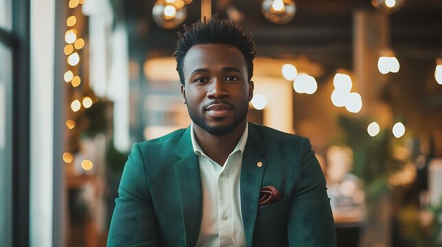 A confident Black entrepreneur in a stylish green blazer presenting a project in a well-lit office with a festive atmosphere