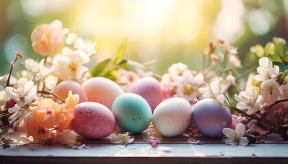 Fototapeta premium Pastel Easter eggs nestled amongst delicate spring blossoms. A sun-drenched, vibrant image perfect for greeting cards, websites, or springtime advertising.