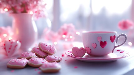 A charming pink-themed tea setting with heart-shaped cookies and a decorative cup.