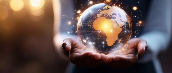 Hands holding a digital globe highlighting Africa, symbolizing global connectivity, innovation, and the potential for sustainable development and technology advancements.