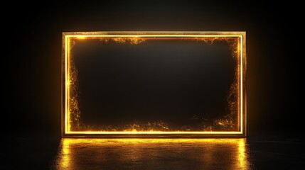 Gold shiny glowing vintage frame with shadows isolated on black background. Golden luxury realistic rectangle border. PNG. Vector illustration, on white background