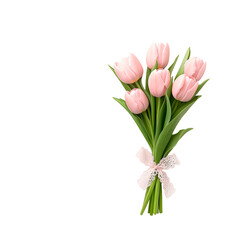 Fototapeta premium Light pink tulips elegantly arranged in a bouquet with delicate ribbon for a charming floral display