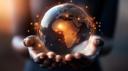 Hands holding a glowing globe with a focus on Africa, symbolizing global connection, growth, technology, and environmental sustainability in a digital world.