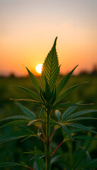 Obraz premium Young leaf of marijuana plant detail at sunset. Selective focus. Low depth of field, simple style. isolated with white shades