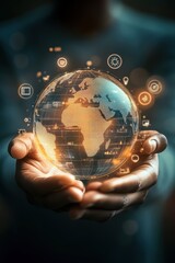 Hands holding a glowing globe with digital technology icons, symbolizing global connectivity, innovation and data exchange in the modern world.