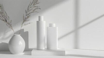 Minimalist display of white skincare bottles next to a vase with dried flowers in soft sunlight