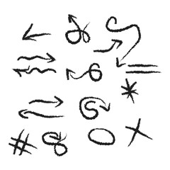 Brush, marker drawn bold arrows set. Collection of hand drawn doodle thick arrows in different directions. hand drawn black arrow line