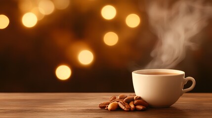Obraz premium A steaming cup of coffee sits on a wooden table, surrounded by coffee beans, against a warm, softly blurred background with glowing bokeh lights, perfect for cozy or culinary-themed projects,