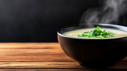 A steaming bowl of creamy soup garnished with fresh herbs, set against a dark background, Ideal for culinary blogs, recipe websites, or food advertisements aiming to evoke warmth and comfort,