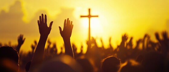 Hands raised in worship at sunset with a Christian cross silhouetted, symbolizing faith, community, spirituality, and unity during a religious gathering.