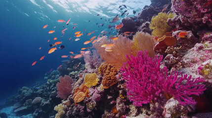Naklejka premium Vibrant Coral Reef Ecosystem with Colorful Fish and Gorgonians Underwater Scene