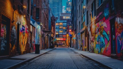Fototapeta premium Vibrant Street Art Illuminates Urban Alley at Night
