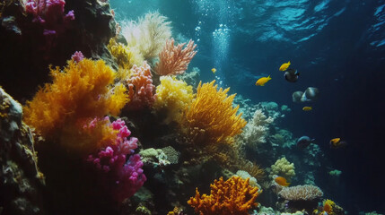 Obraz premium Vibrant Underwater Coral Reef Scene with Colorful Fish and Gorgonians
