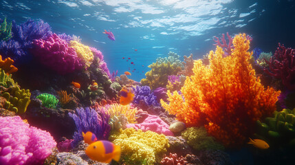 Fototapeta premium Vibrant Underwater Coral Reef Scene with Colorful Fish and Diverse Coral Formations