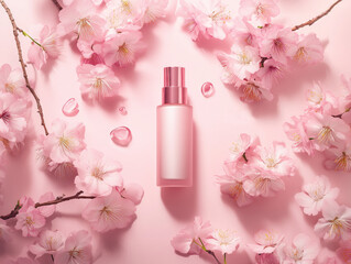 Bottle of pink serum with cherry blossom flowers on pink background
