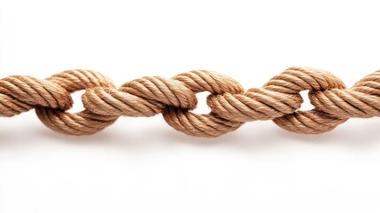 Fototapeta premium Close-up of beige rope intertwined in a linked pattern on white background.