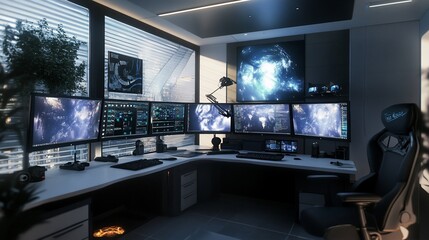 Naklejka premium Modern tech setup featuring multiple monitors showcasing data, ideal for a tech company or office space