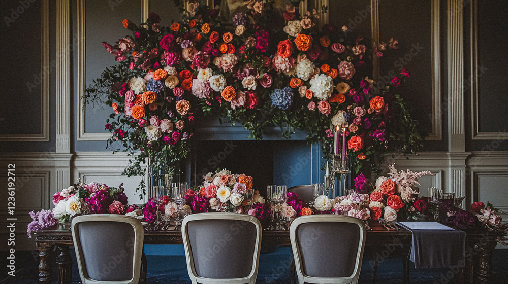 Sticker Elegant royal dining table adorned with luxurious floral arrangements for wedding or event, vintage tableware, and candles in a classic English countryside manor, creating a romantic and sophisticated