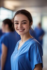 Fototapeta premium Healthcare professional smiling in a hospital setting, showcasing teamwork and compassion among medical staff in patient care and support environment.
