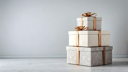 Red Christmas gift boxes with ribbons and bows on a wooden background